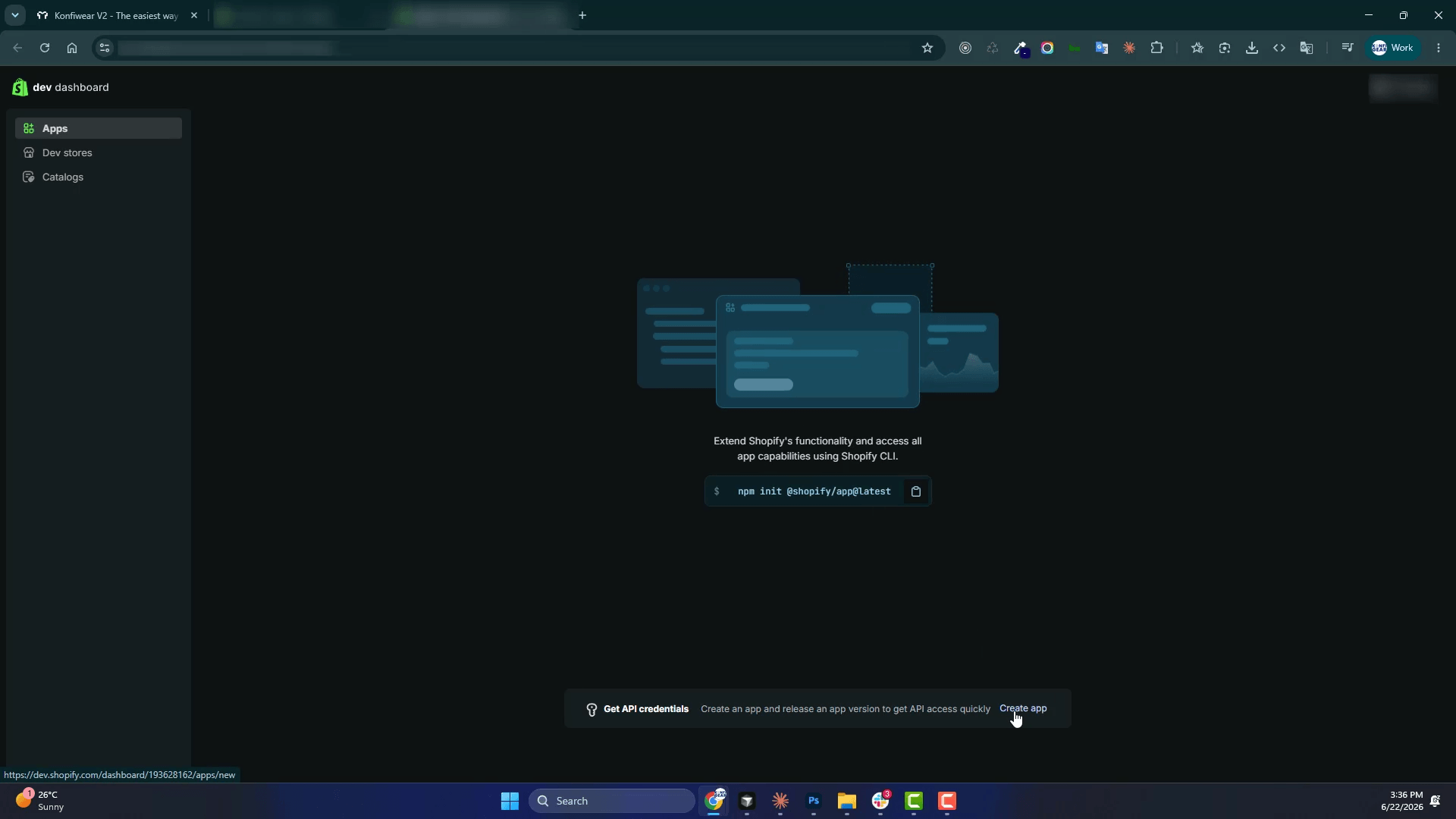Shopify Dev Dashboard create app dialog